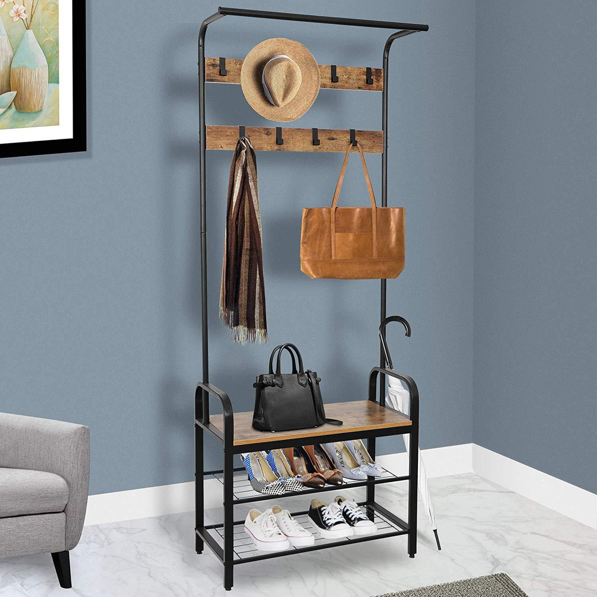 Coat Rack Shoe Bench, 28.3 Entryway Storage Bench, 3-Tier Shoe Rack with  Metal Mesh Shelves