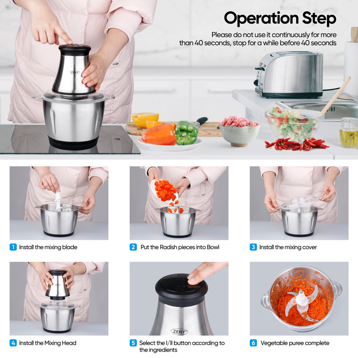  Powerful electric food processor, with 8 cups of stainless  steel and glass bowl,2 speed mode electric food shredder 2 sets of blade  electric meat grinder vegetable shredder: Home & Kitchen