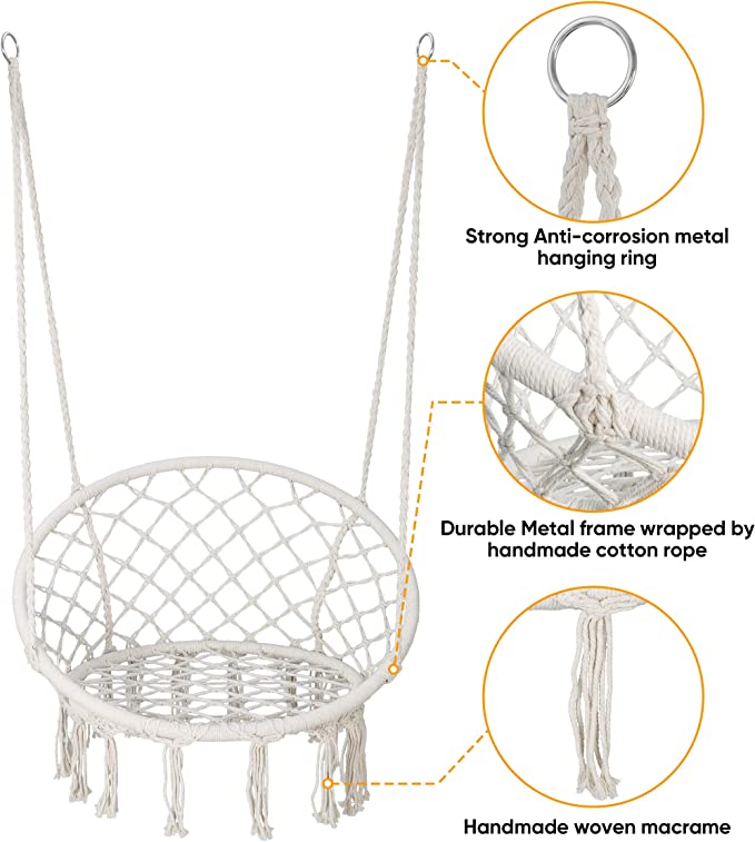 Hammock Chair Hanging Rope Swing Seat for Indoor Outdoor, Sturdy Cotton  Weave Hammock Swing, Max 300Lbs Hanging Hammock Chair for Bedroom Patio  Porch