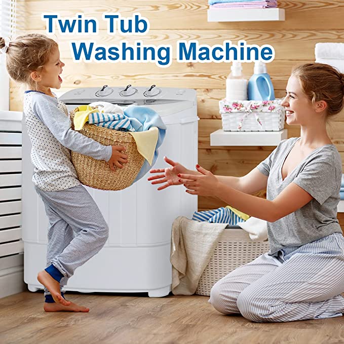 SUPER DEAL Compact Mini Twin Tub Washing Machine, Portable Laundry Washer  w/Wash and Spin Cycle Combo, Built-in Gravity Drain, 13lbs Capacity for