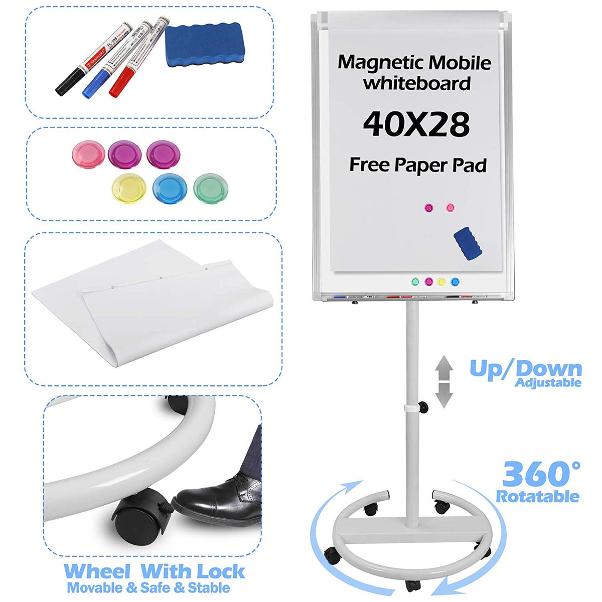 Magnetic Mobile Flipchart Whiteboard On Wheels 40x28